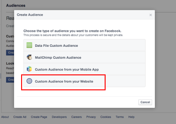 Facebook create a custom audience from yoiur website
