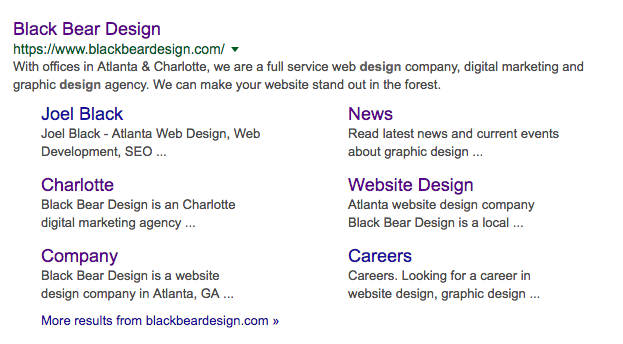 Screen Shot of Google Search Results for Black Bear Design Web SEO 
