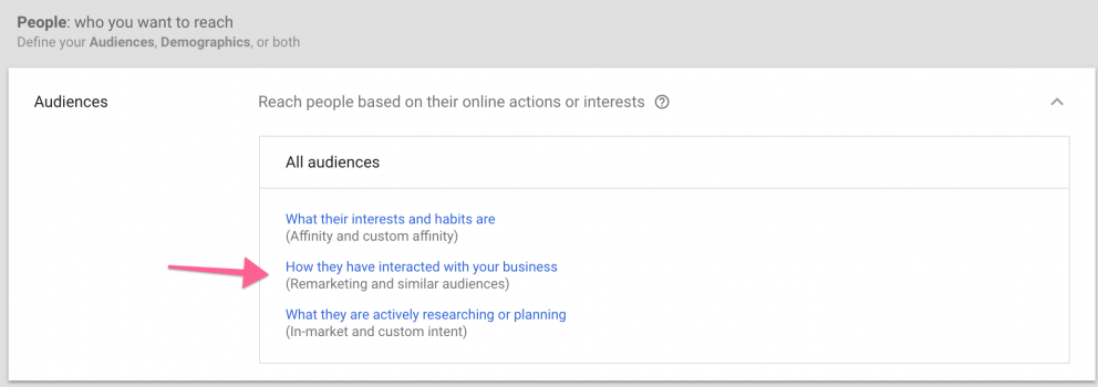 select your retargeting audience in adwords